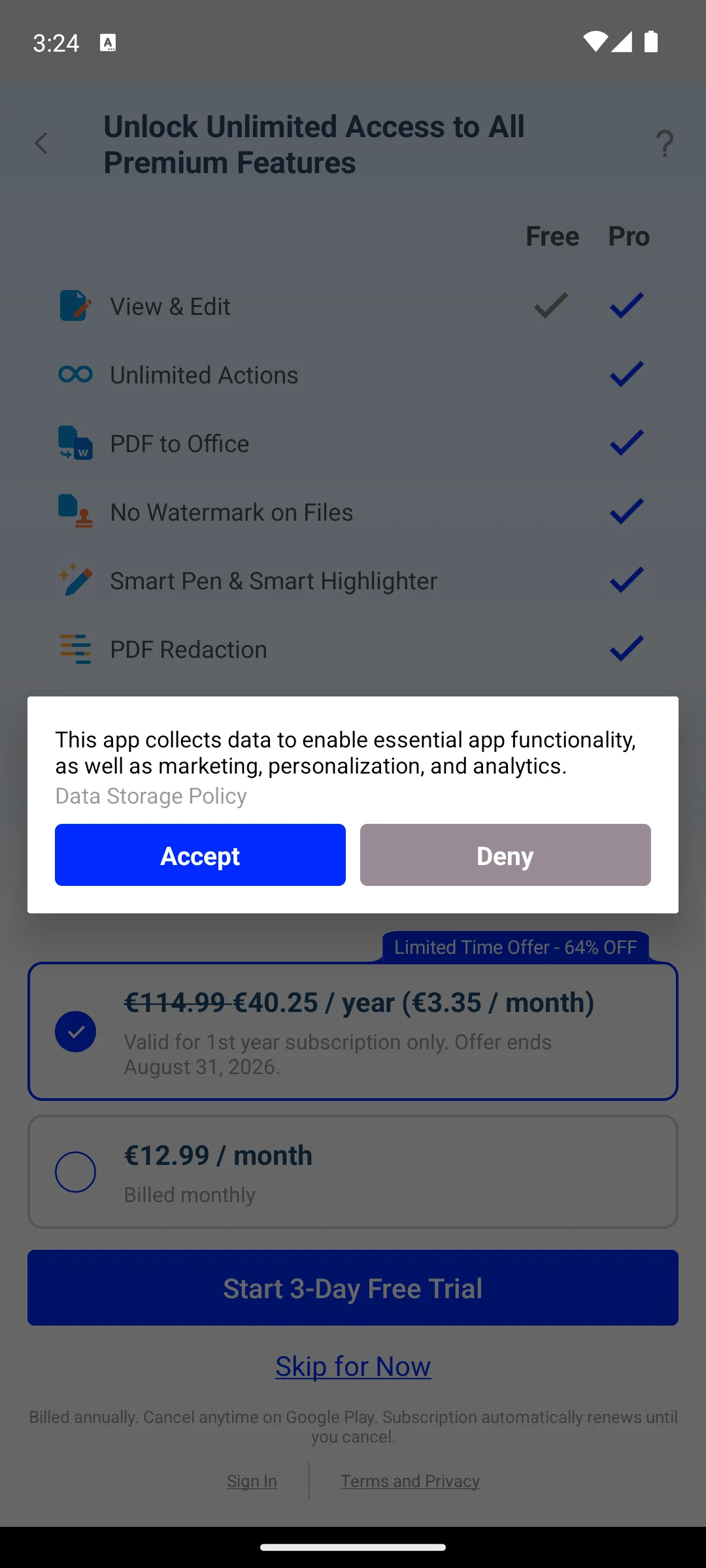 PDF Reader and Editor Xodo on Android, The data collection dialog on first launch.