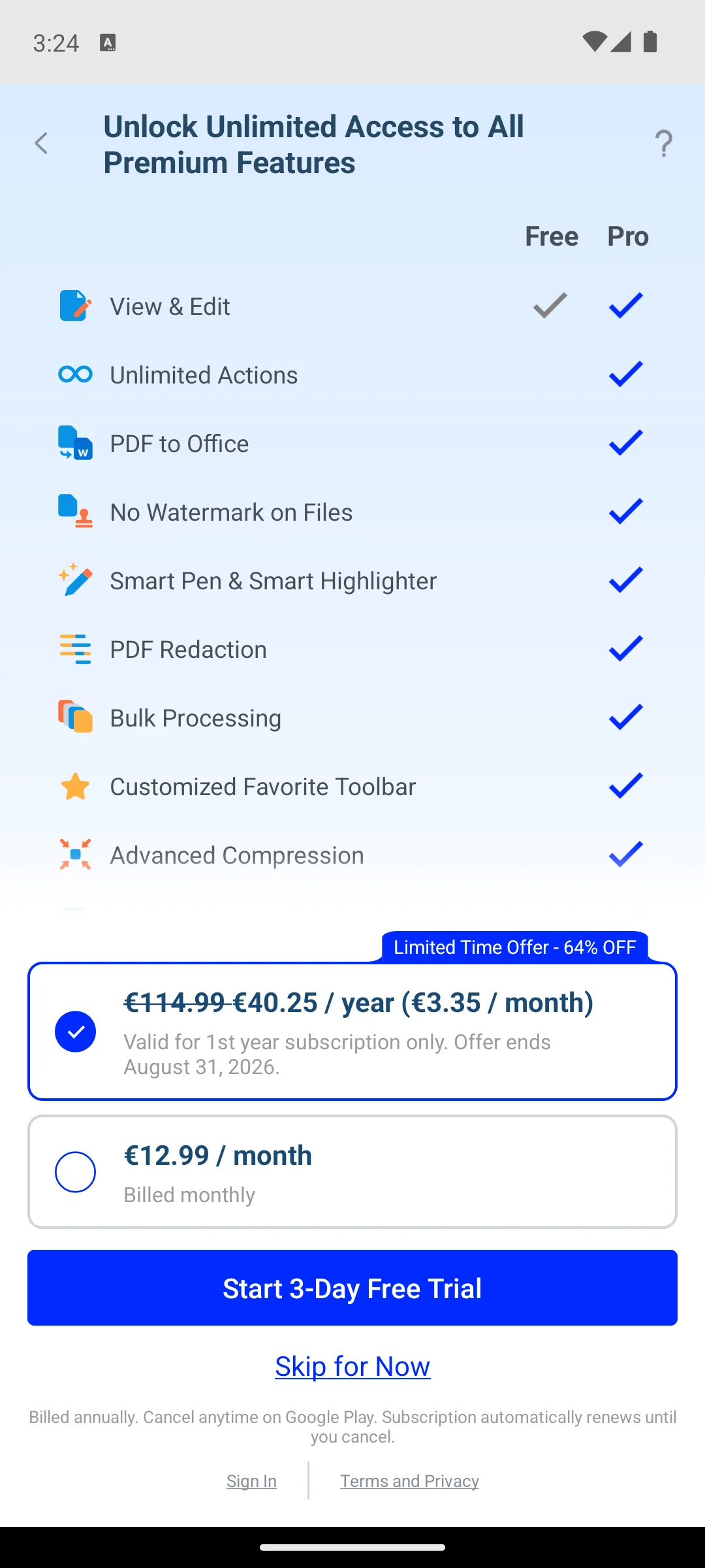 PDF Reader and Editor Xodo on Android, The subscription screen it opens on.