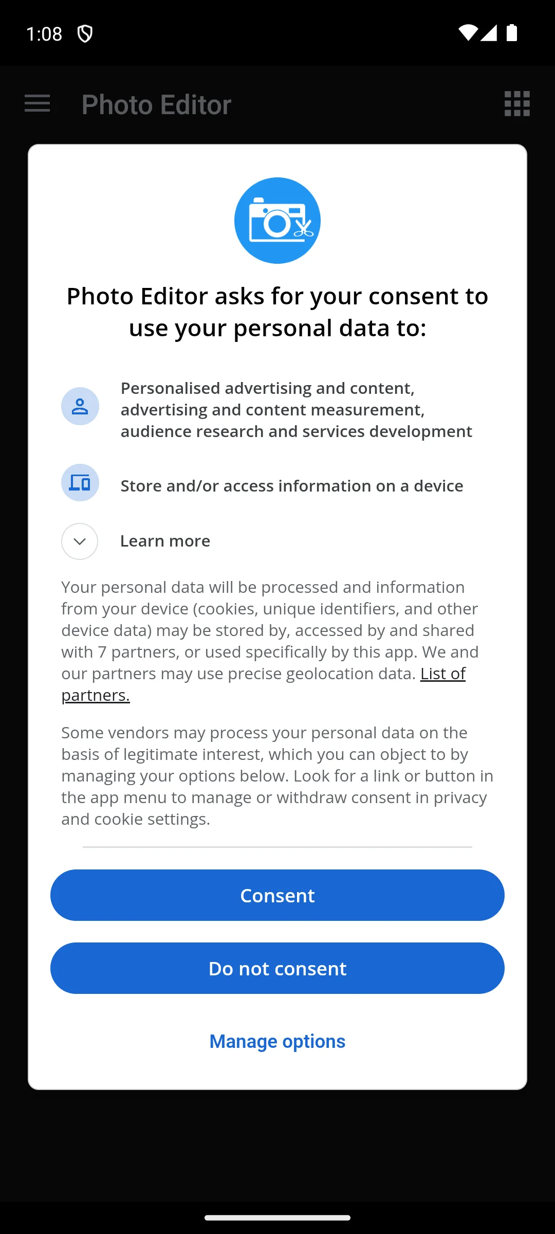 Photo Editor on Android, The consent dialog it opens on.