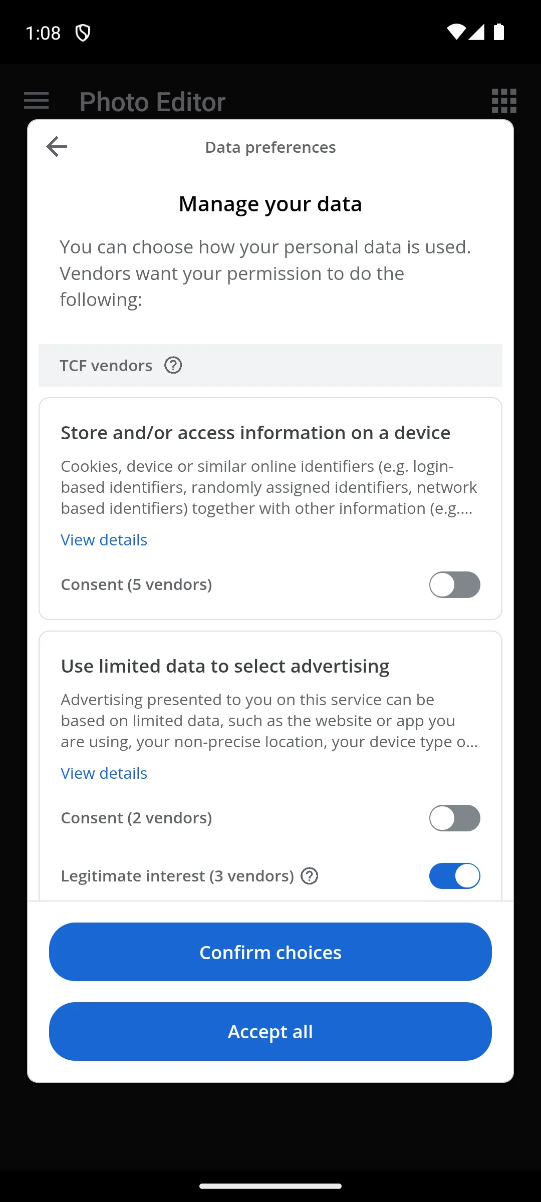 Photo Editor on Android, Data preferences, behind Manage options.