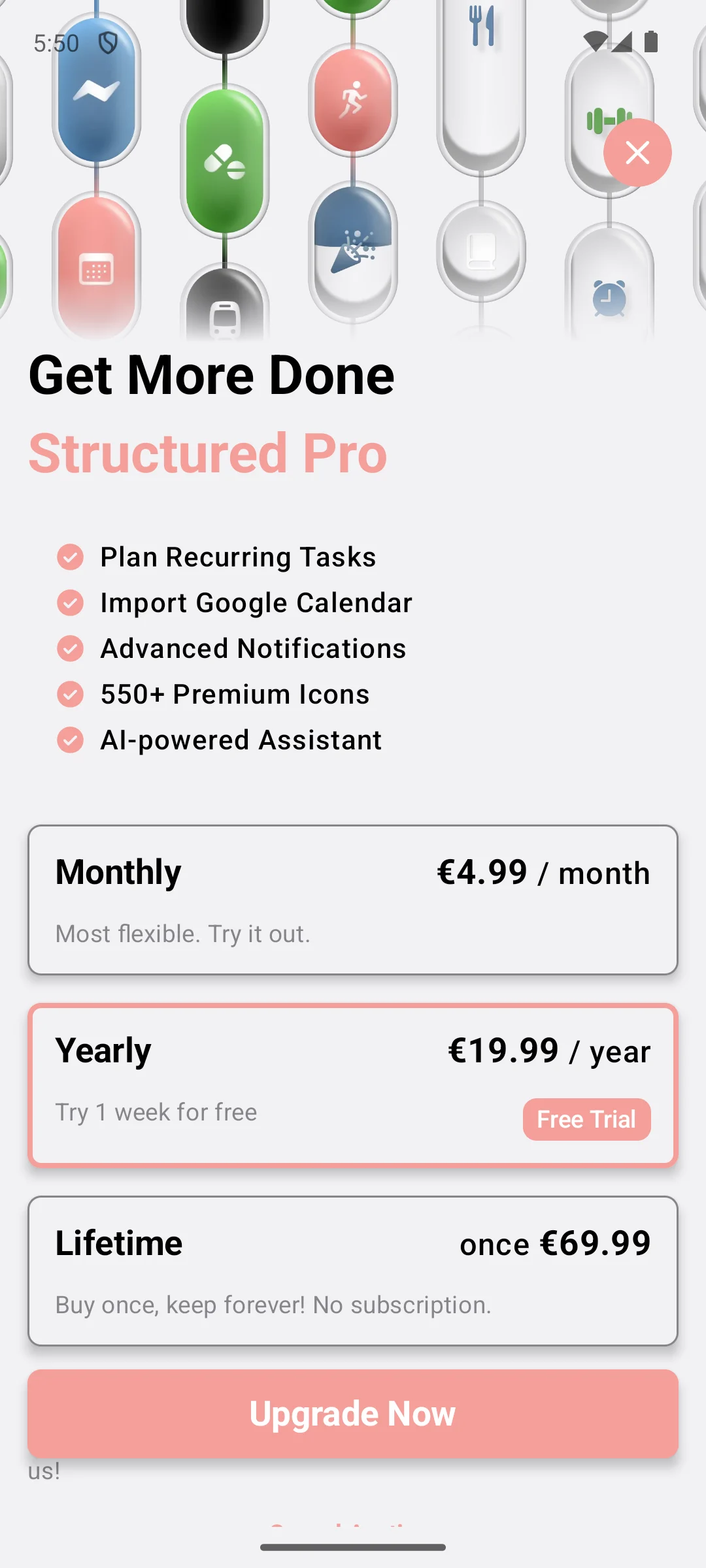Structured on Android, The upgrade page, with all three prices.