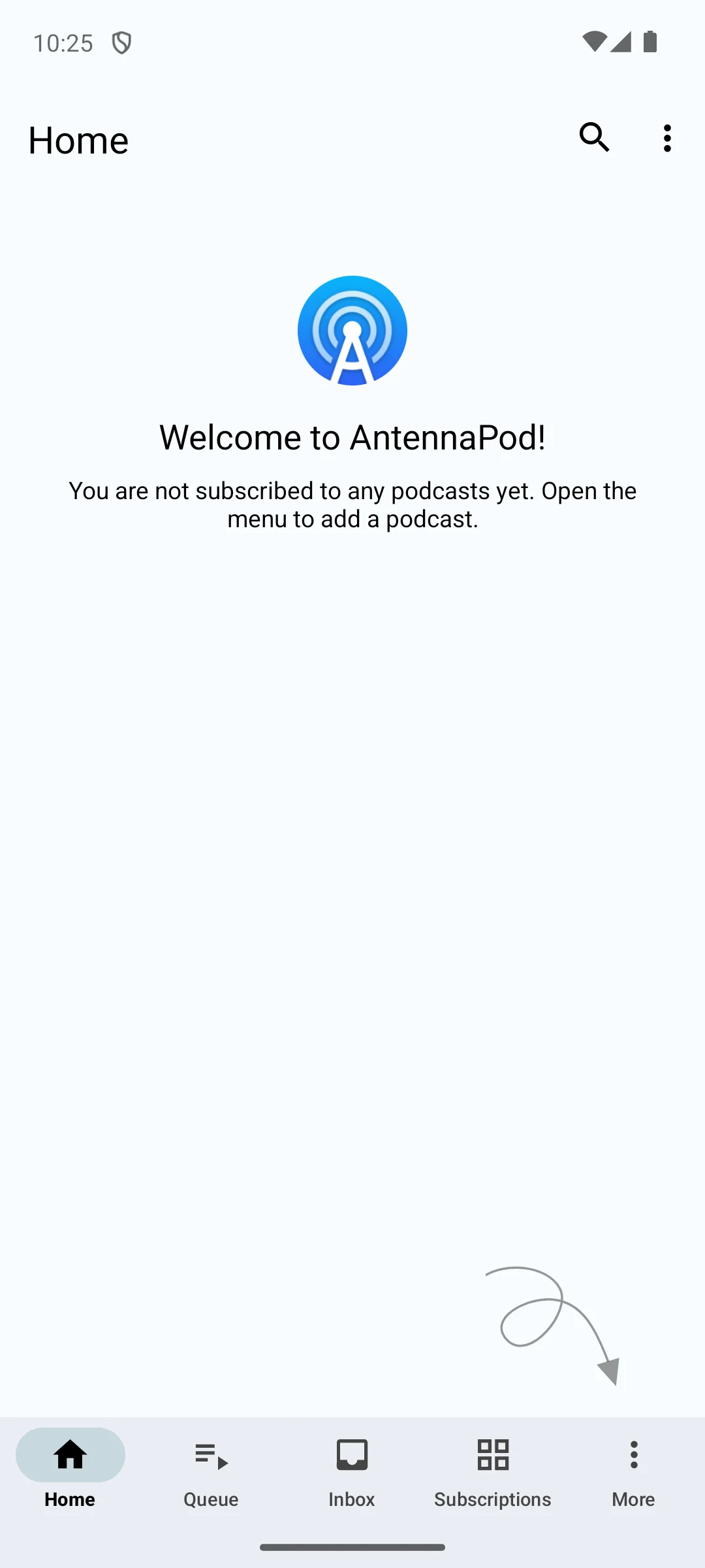 AntennaPod on Android, the Home screen with no podcasts subscribed.