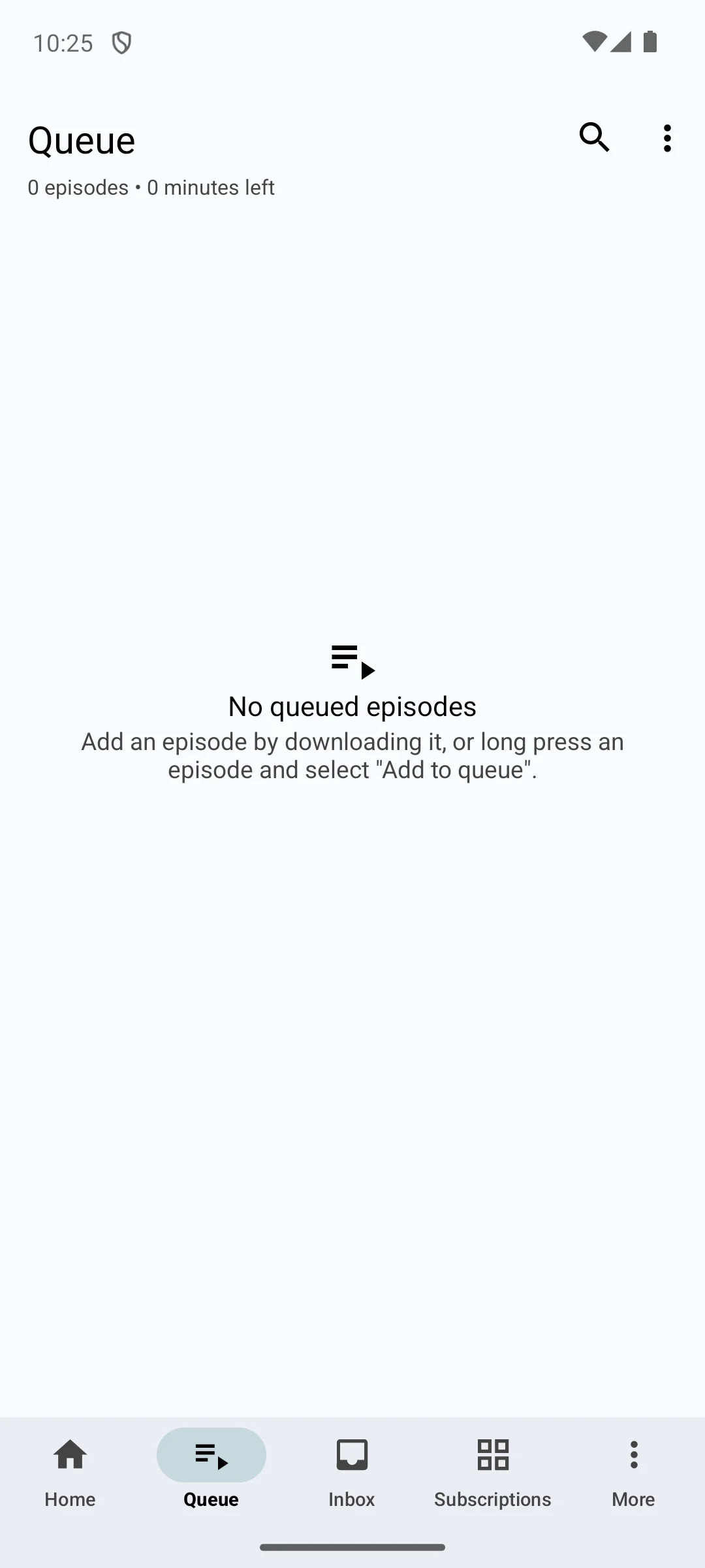 AntennaPod on Android, the Queue tab showing no queued episodes.
