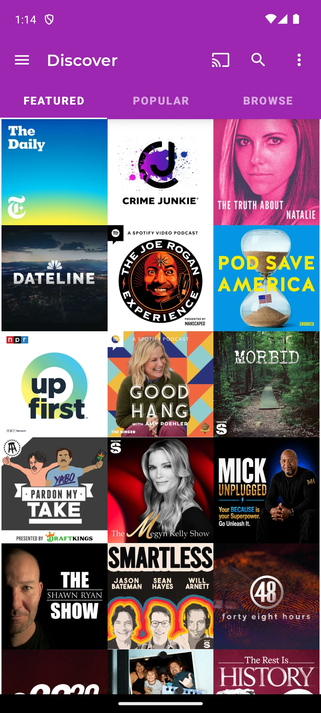 Podcast Guru on Android, the Discover screen with Featured, Popular and Browse tabs.