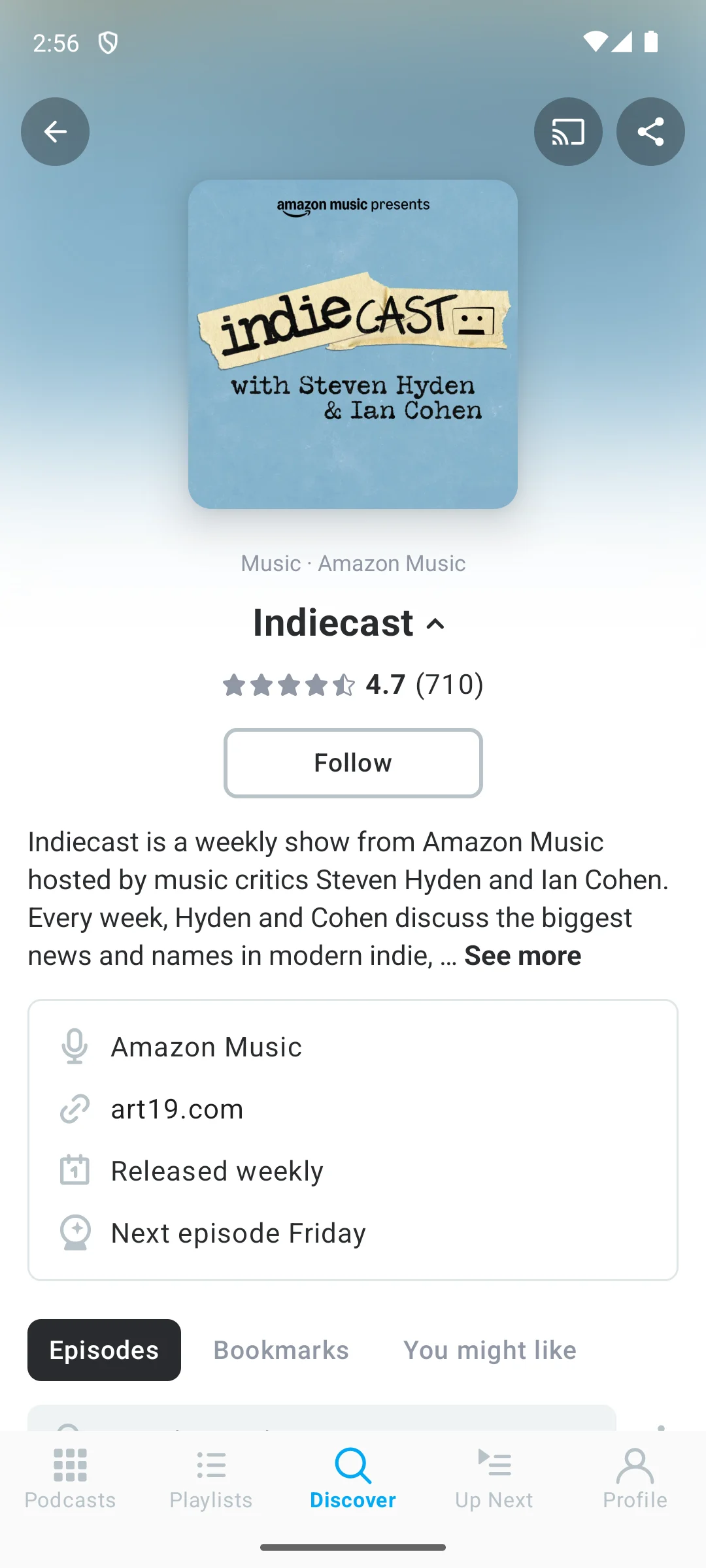 Pocket Casts on Android, a show page with a Follow button, the show's website link and the release schedule.