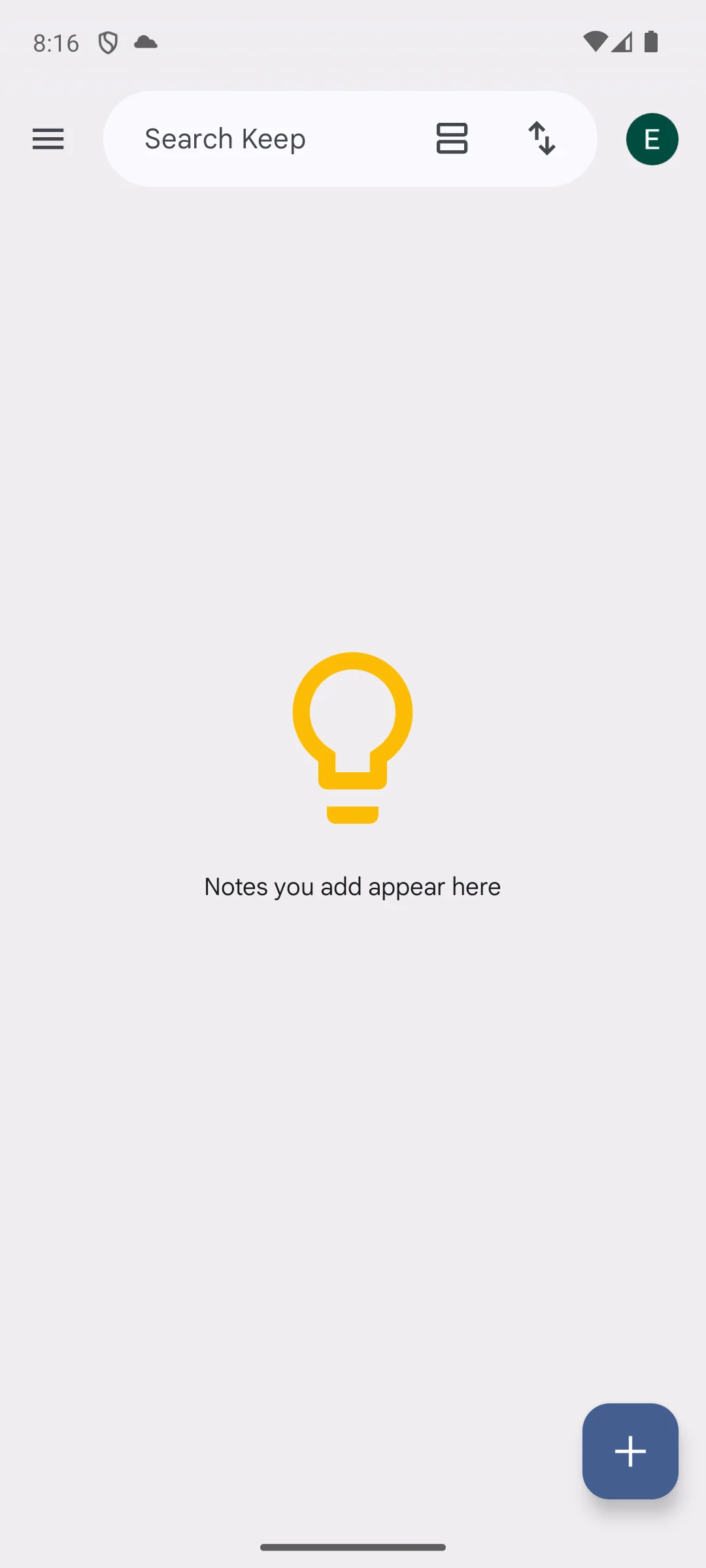 Google Keep on Android, an empty note board with a search field across the top.