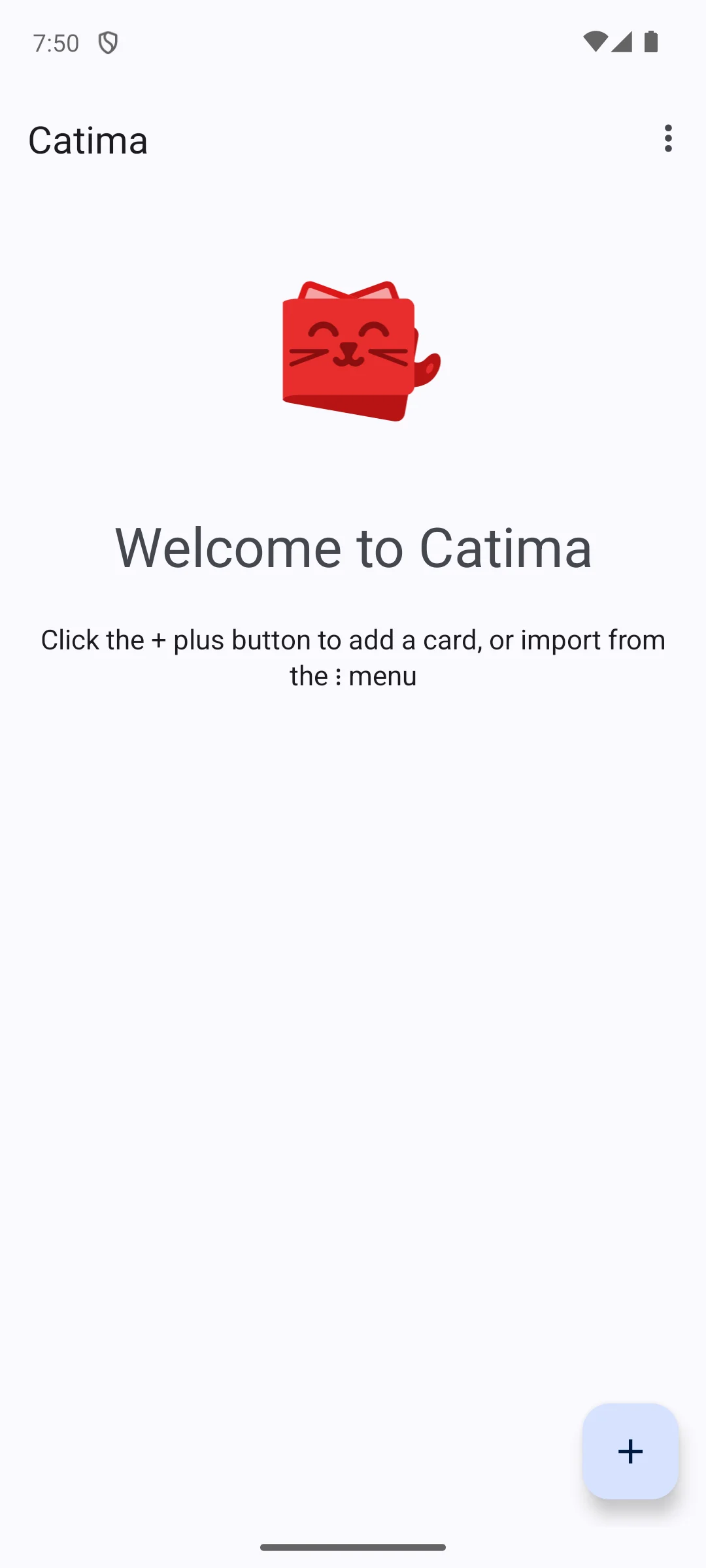 Catima on Android, The empty card list on first launch.