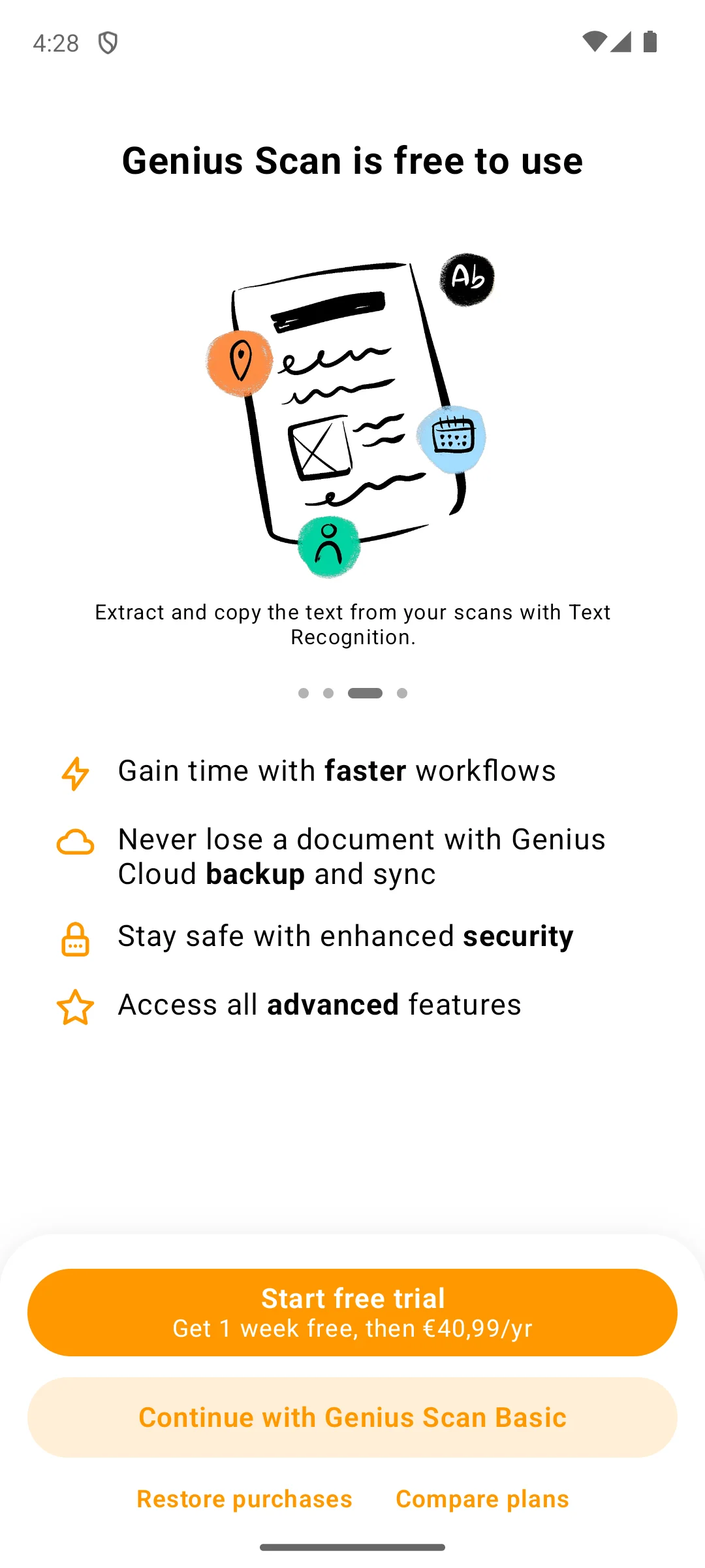 Genius Scan on Android, The trial offer it opens on.