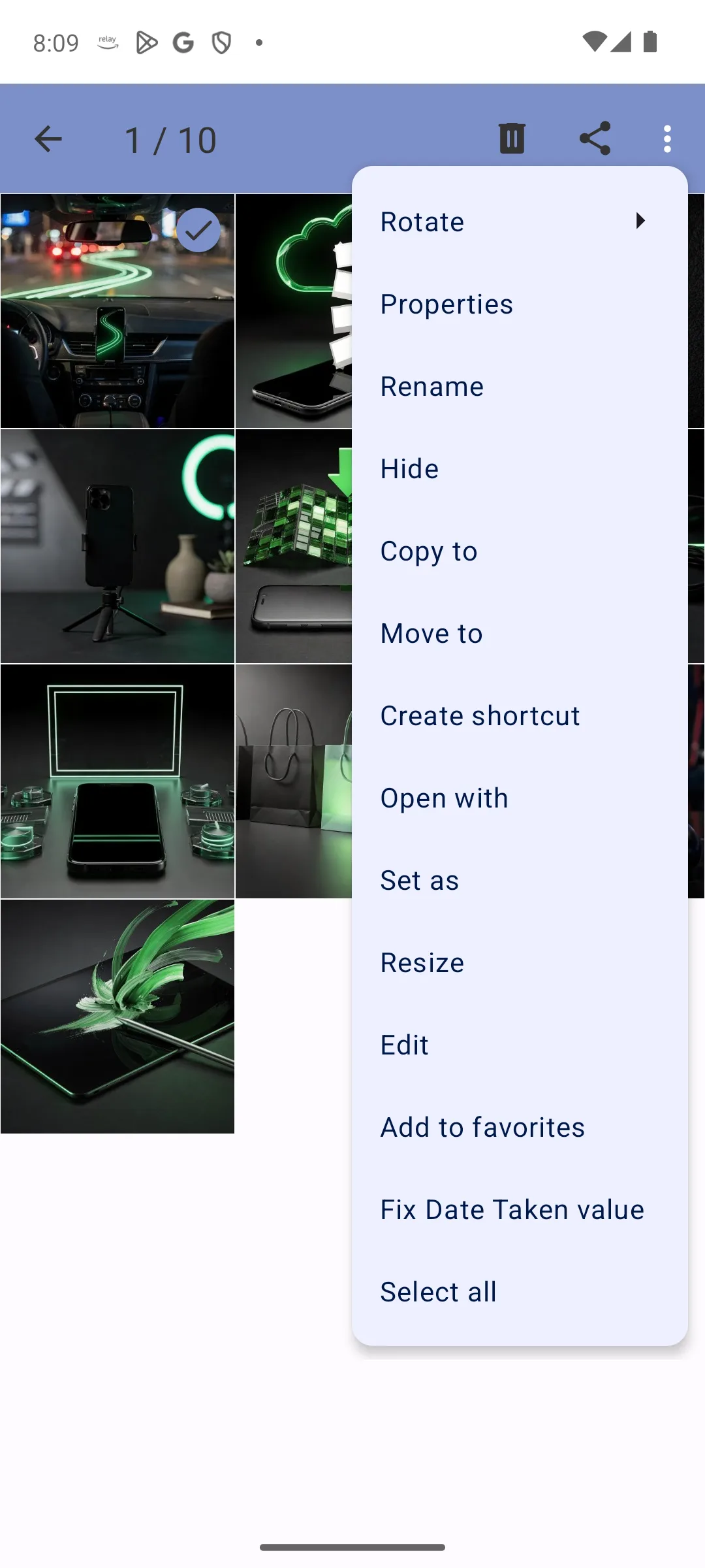 The selection menu in Fossify Gallery with the Hide action visible