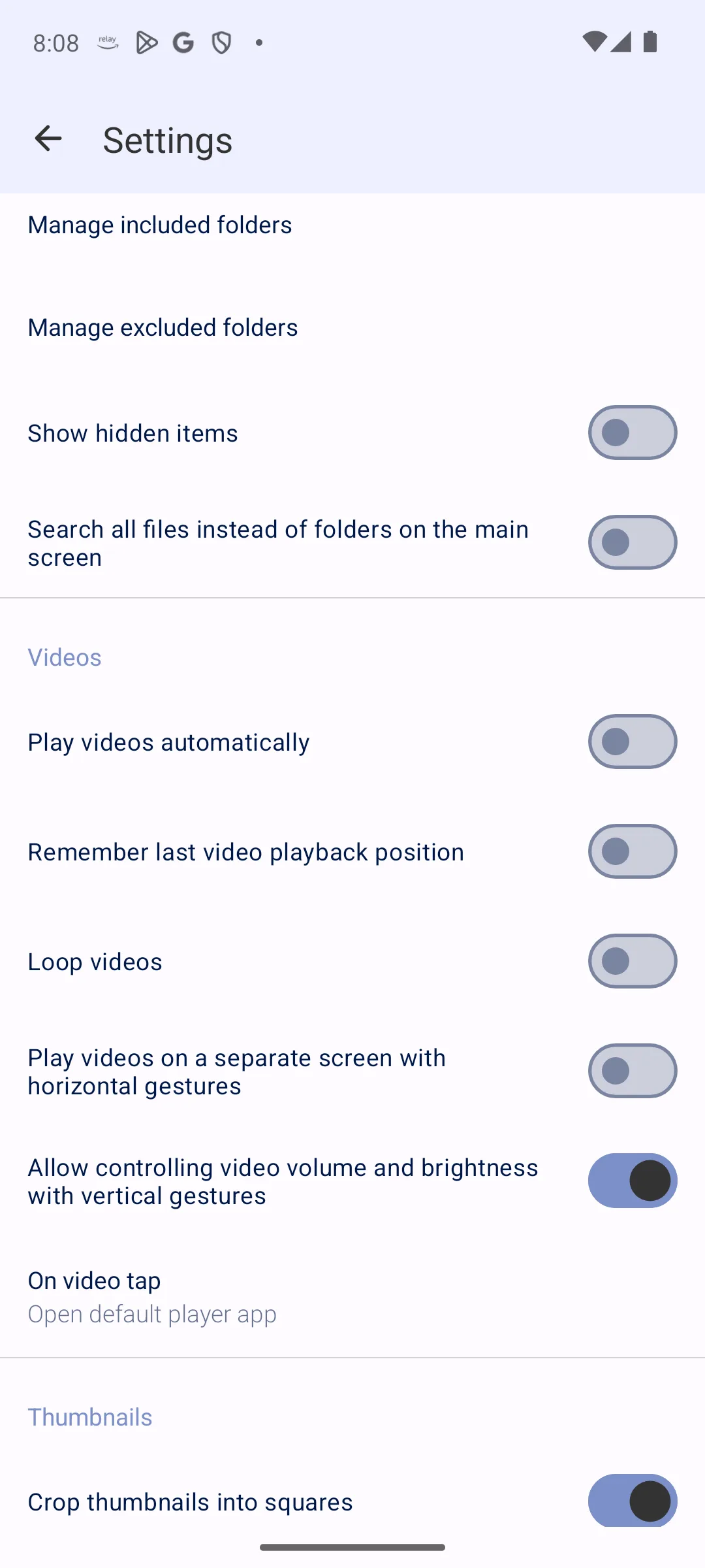 Fossify Gallery settings with the Show hidden items toggle