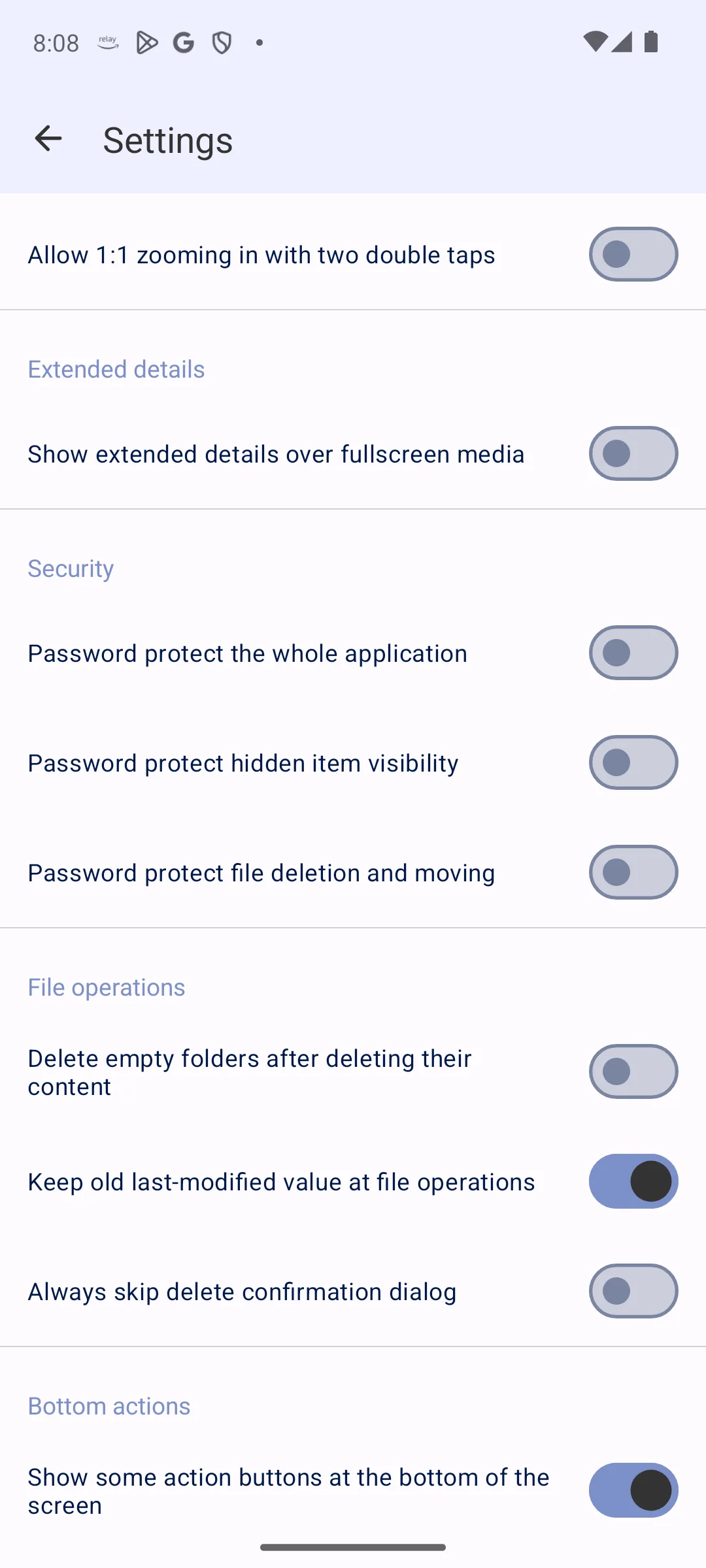 The Security section of Fossify Gallery settings with three password protection toggles