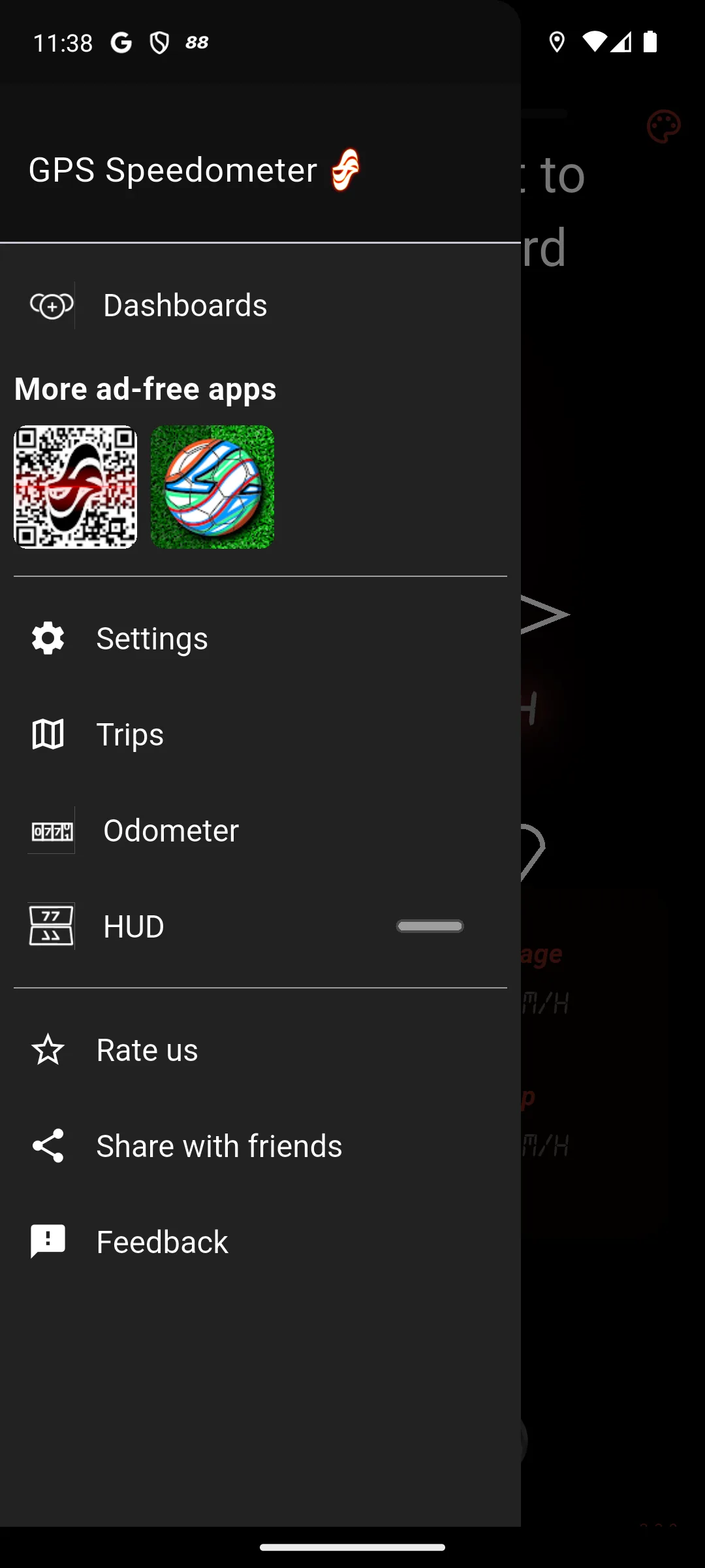 GPS Speedometer side menu with Dashboards, Settings, Trips, Odometer and a HUD toggle