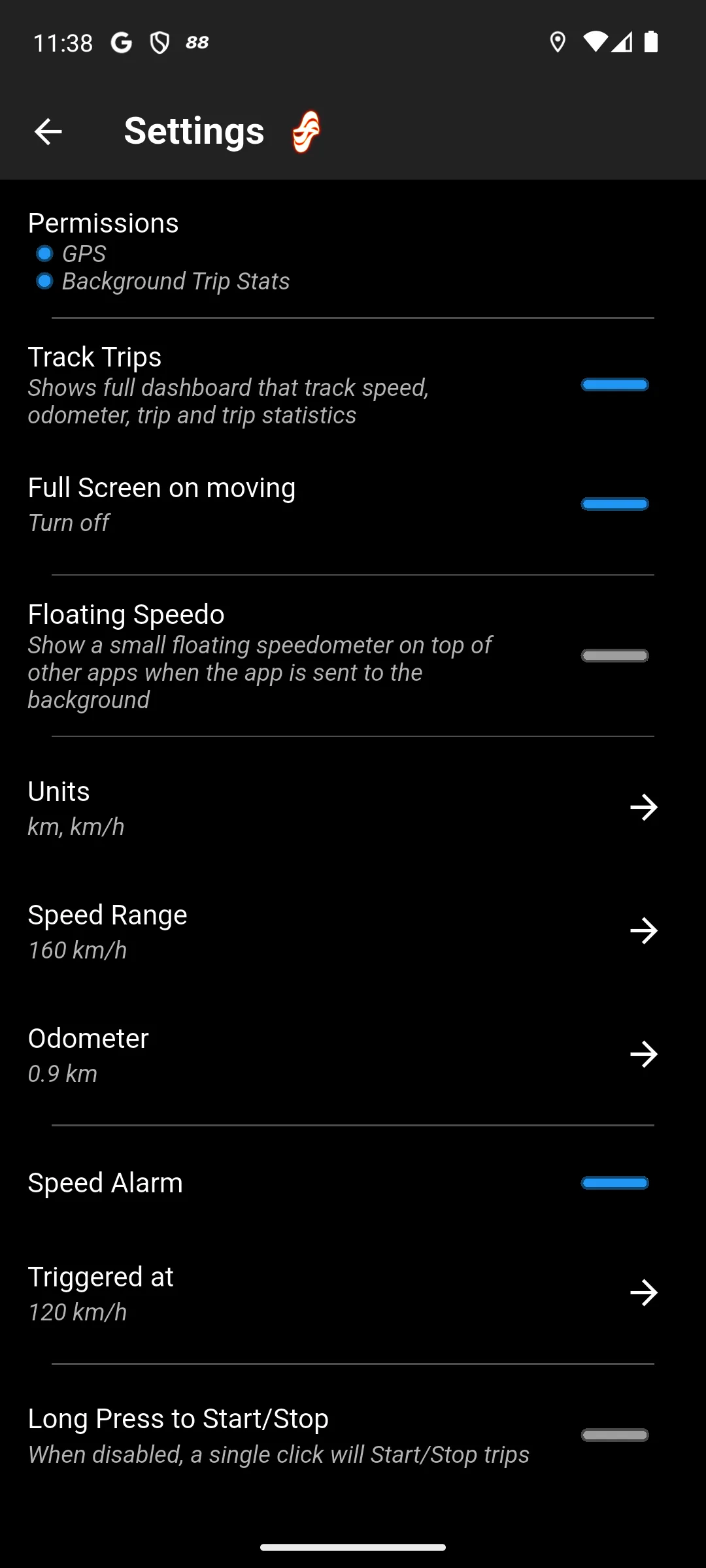 GPS Speedometer settings: units, speed range, odometer, speed alarm and full screen while moving