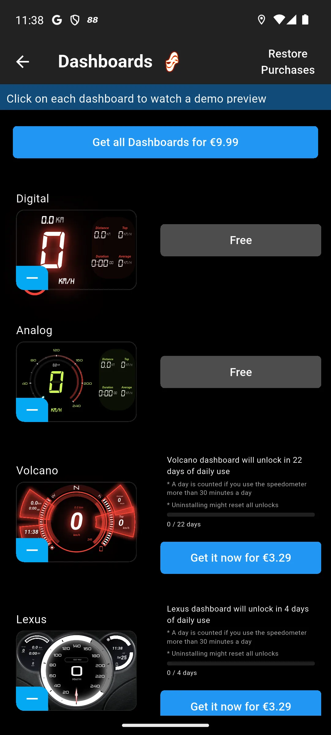 GPS Speedometer dashboard picker showing the free Digital and Analog dials and the paid skins
