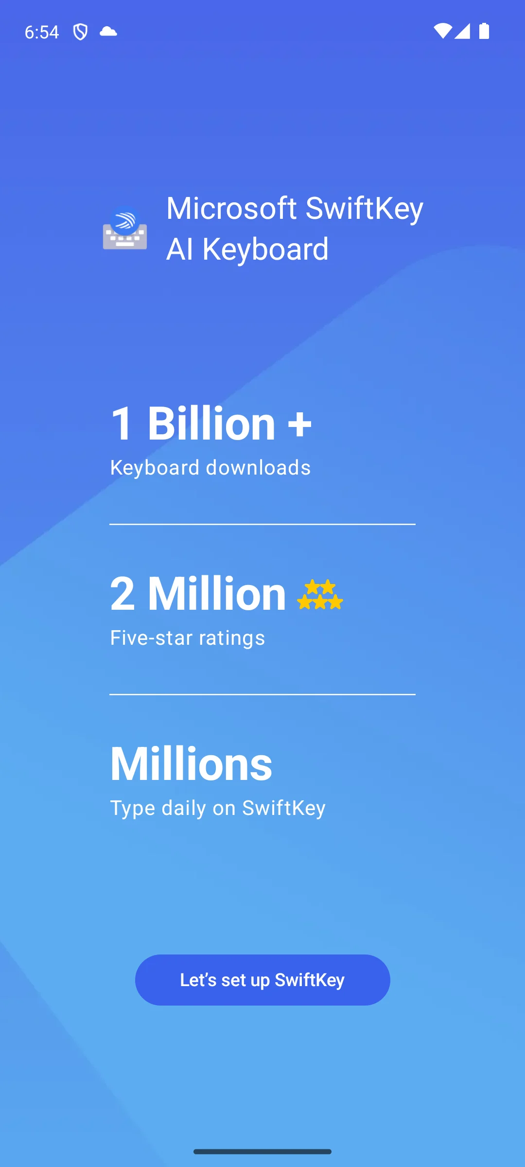 Microsoft SwiftKey welcome screen printing the developer’s own download and rating figures.