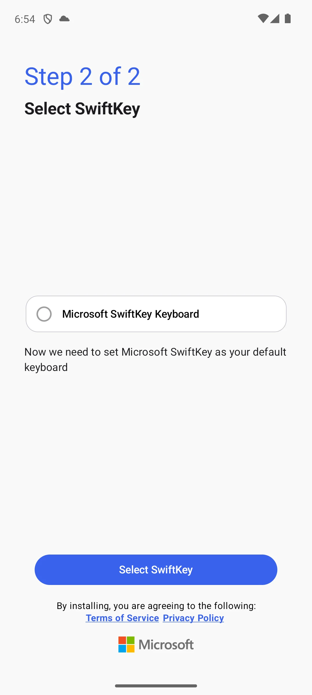 Microsoft SwiftKey setup step two, Select SwiftKey, with the terms of service and privacy policy line.