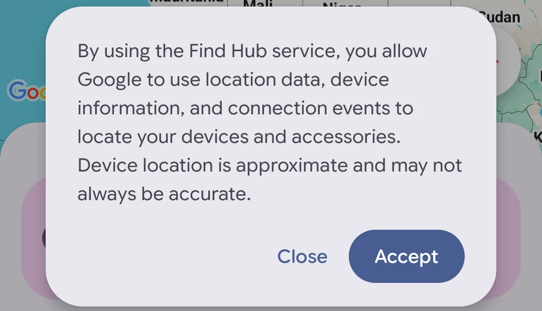 Google Find Hub on Android, The consent notice, cropped from the device list behind it.