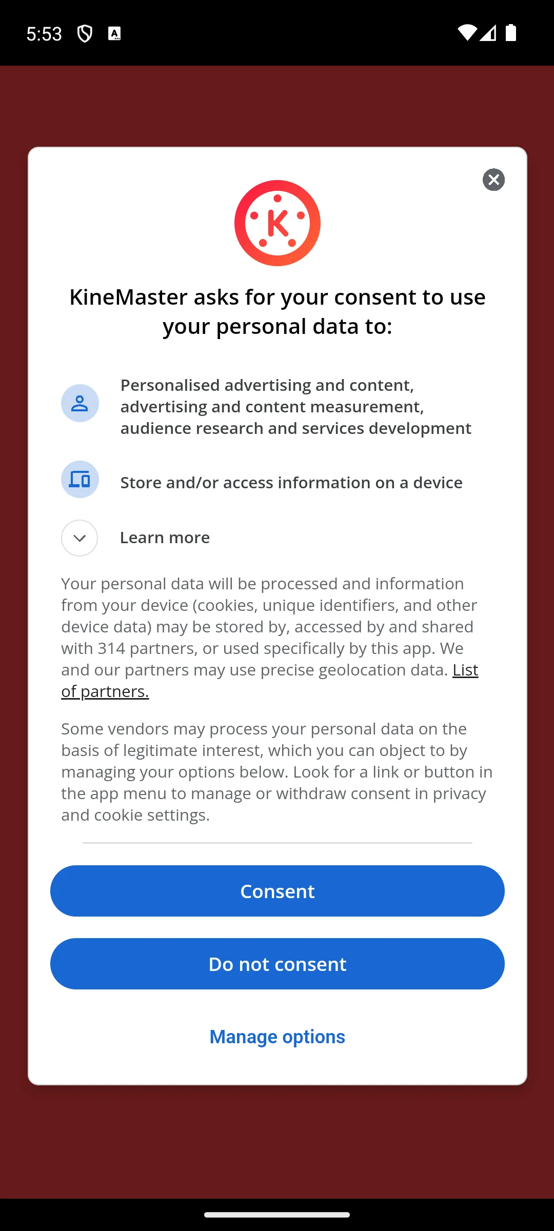 KineMaster on Android, The consent dialog it puts in front of the editor.