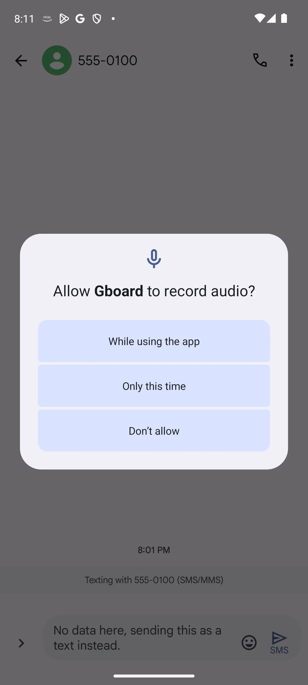 The Android dialogue asking whether to allow Gboard to record audio, over a messaging thread