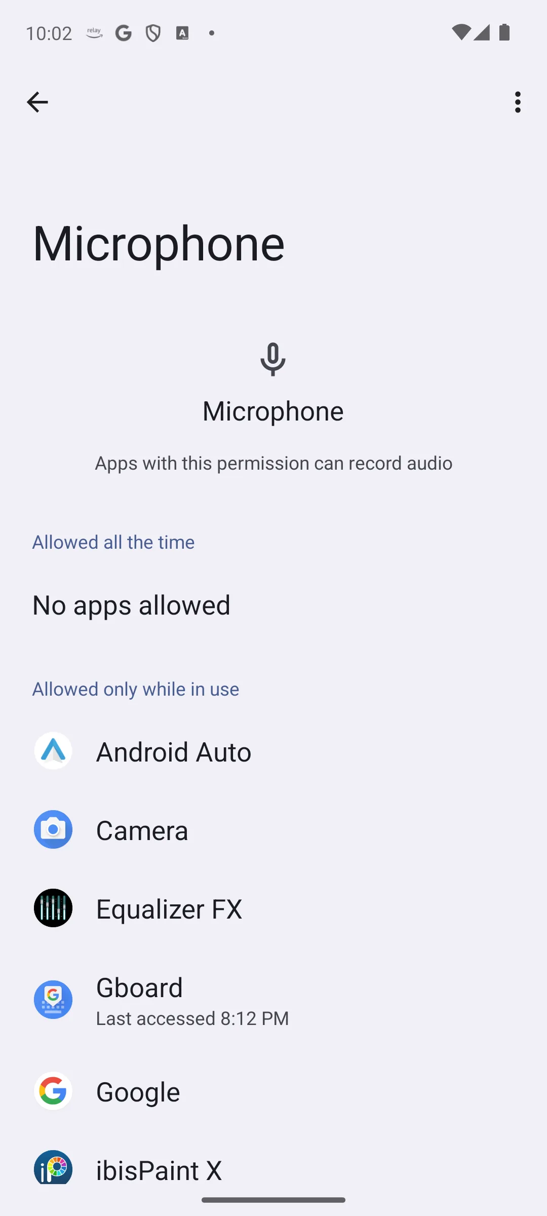 The Android microphone permission manager listing Gboard under apps allowed only while in use