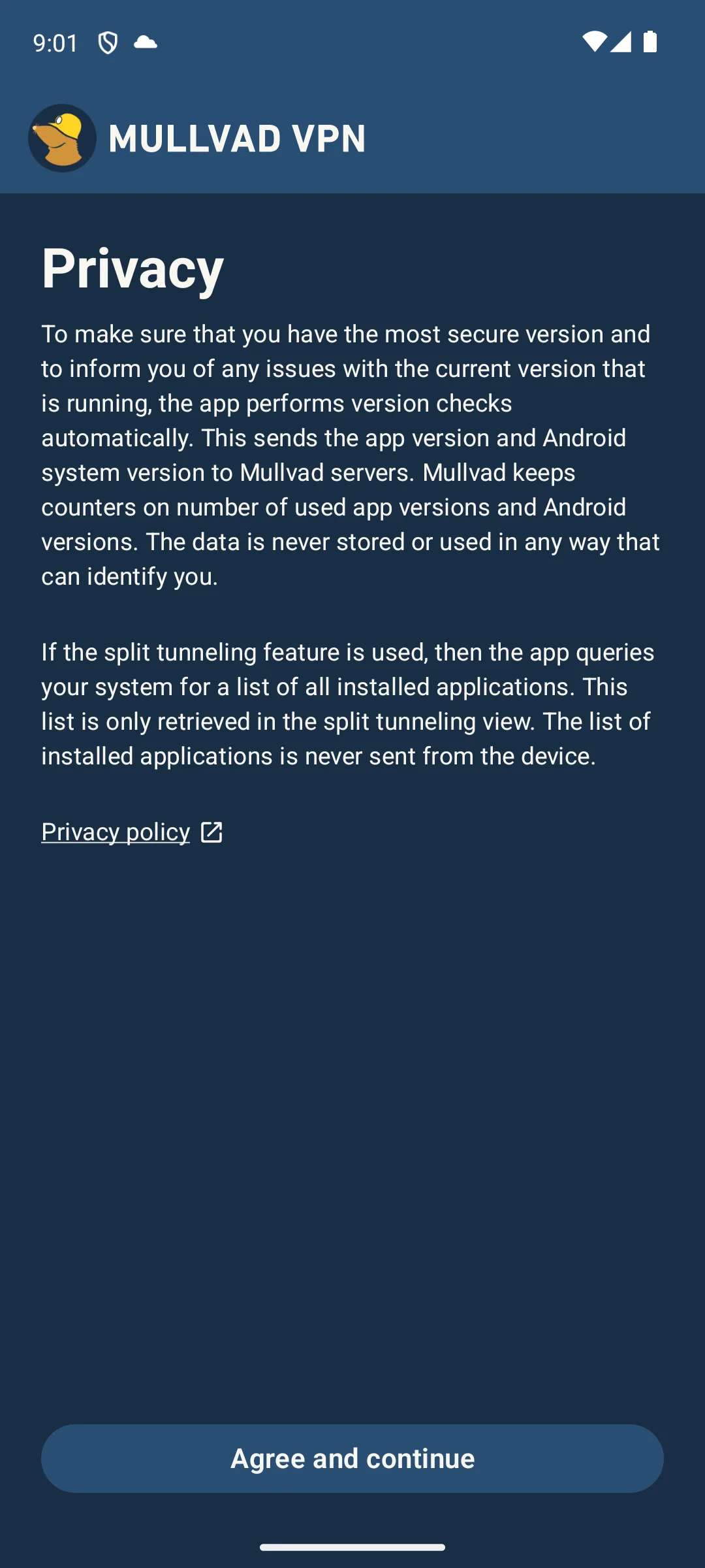 Mullvad VPN on Android, a privacy page.