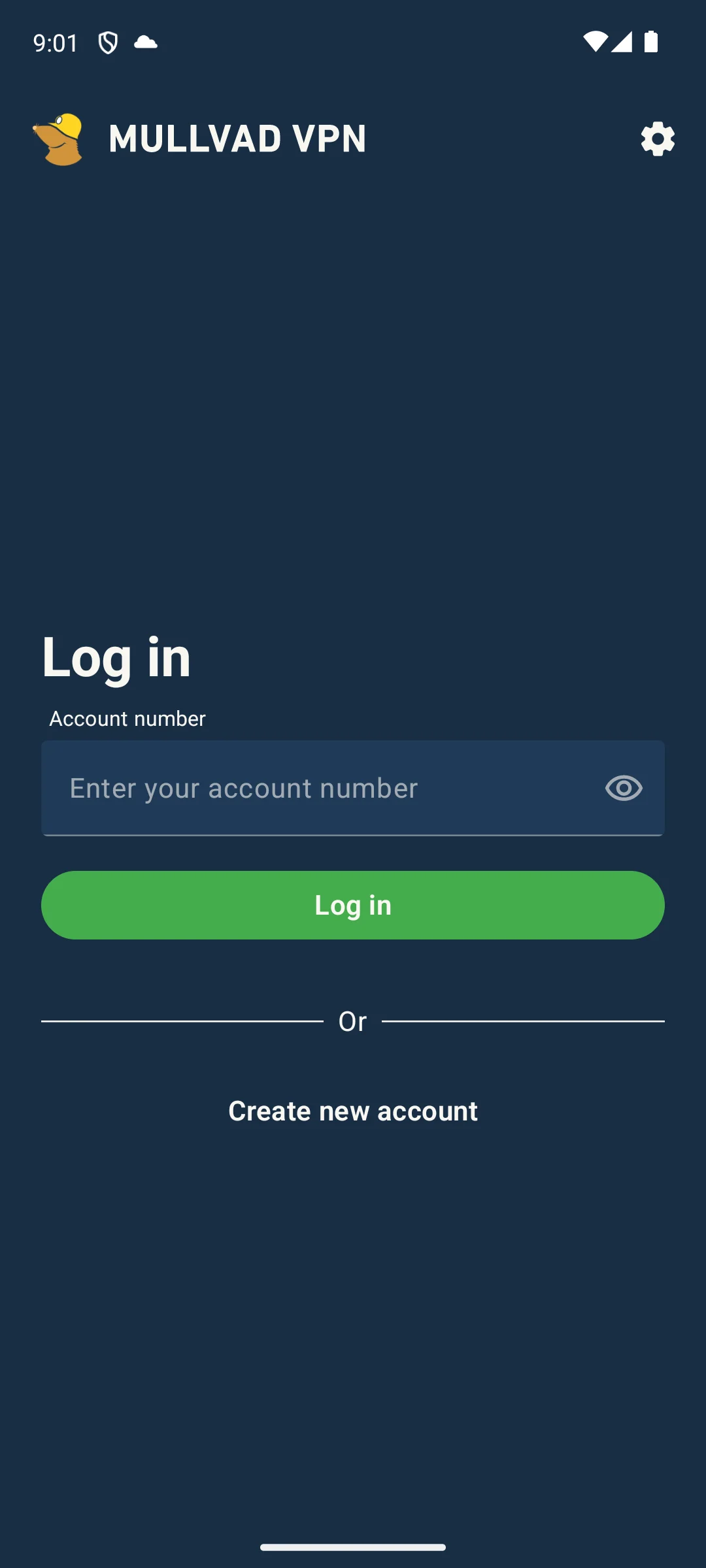 Mullvad VPN on Android, a login asking for an account number.