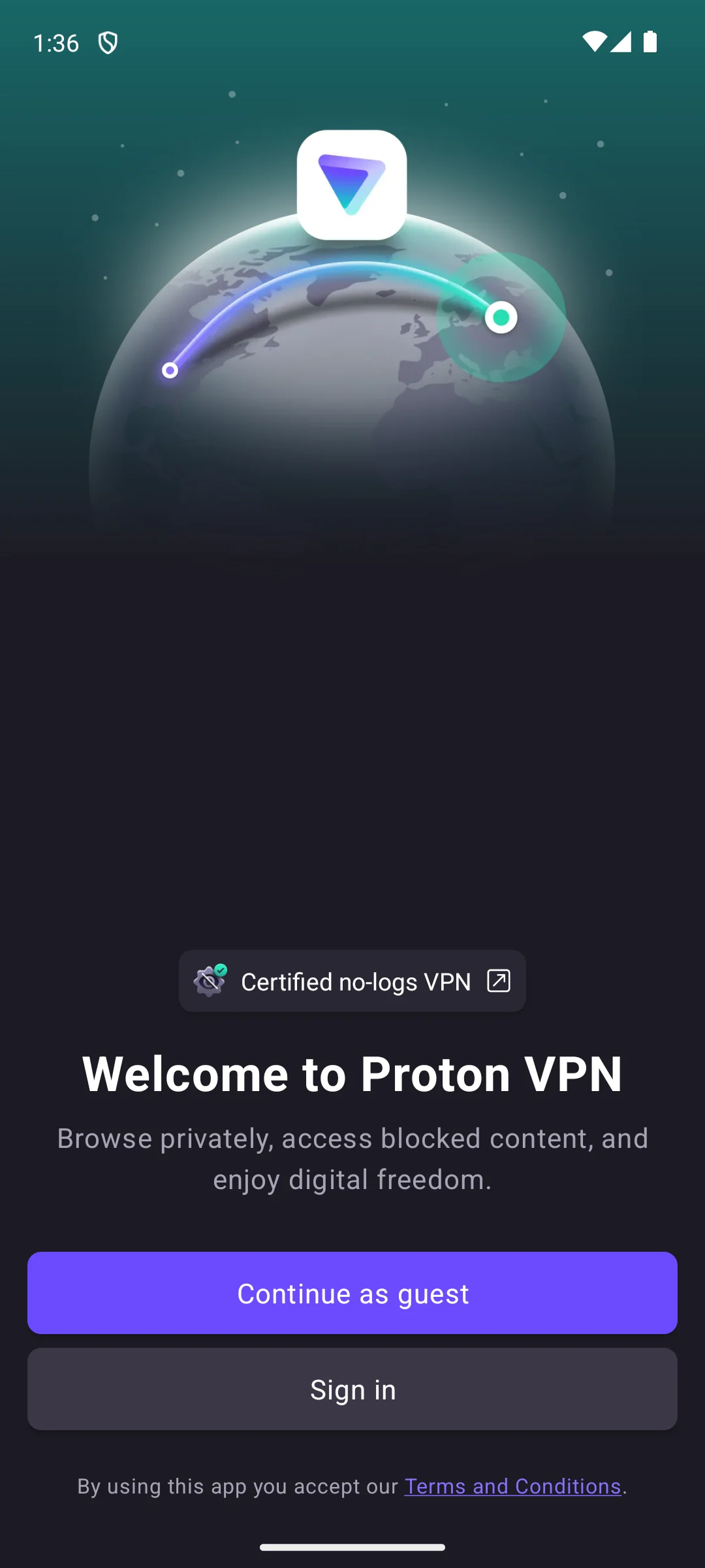 Proton VPN on Android, the welcome screen offering guest or sign in.