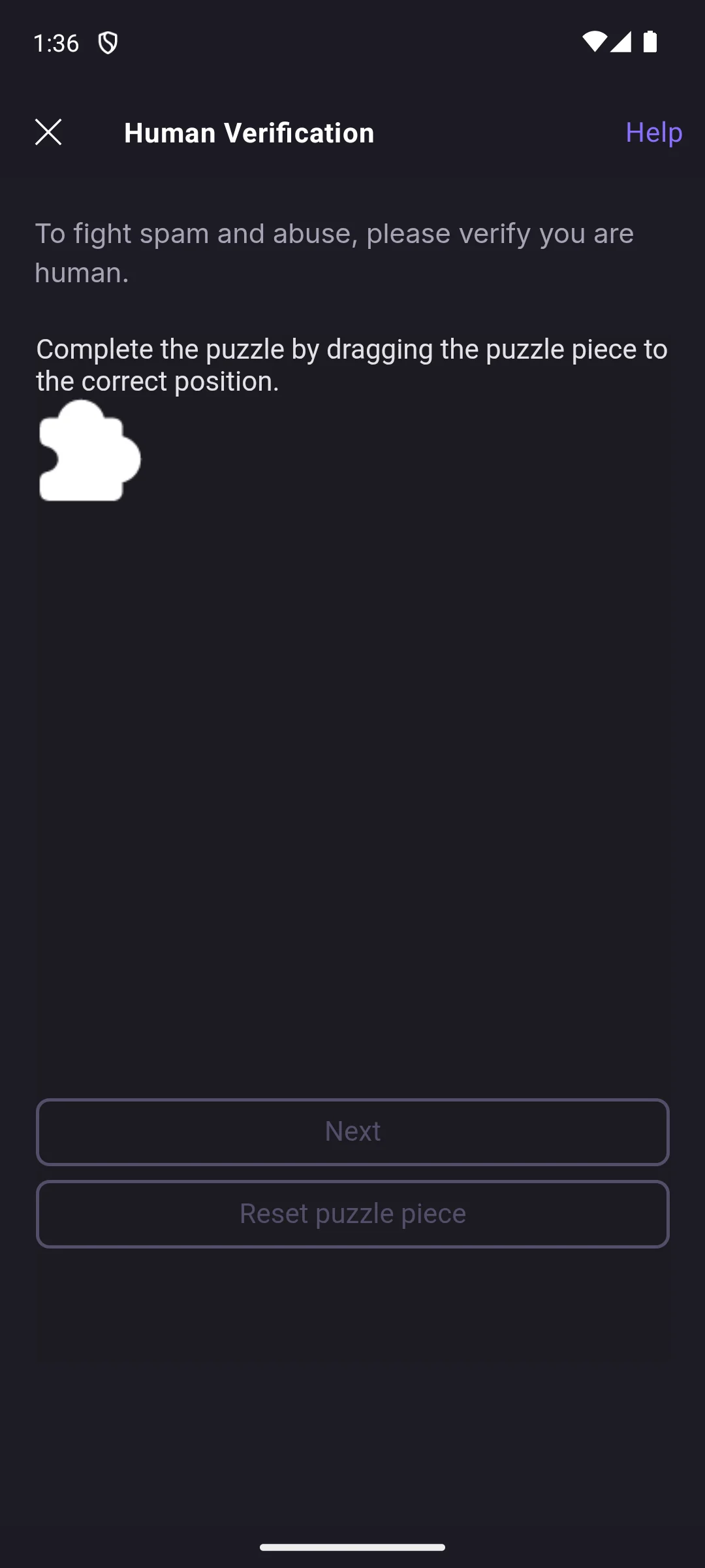 Proton VPN on Android, a human verification screen.