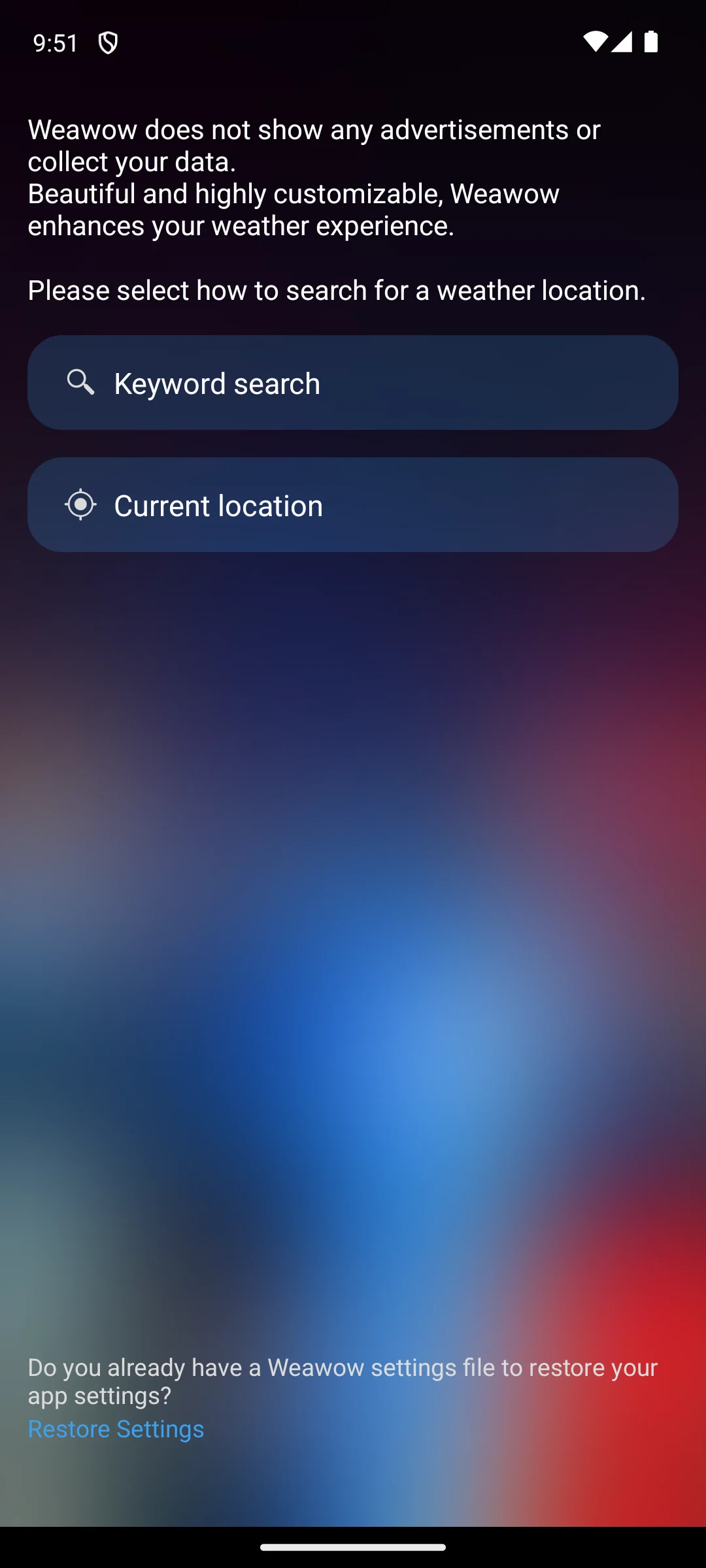 Weawow first run: the no advertisements and no data collection statement above the Keyword search and Current location buttons.