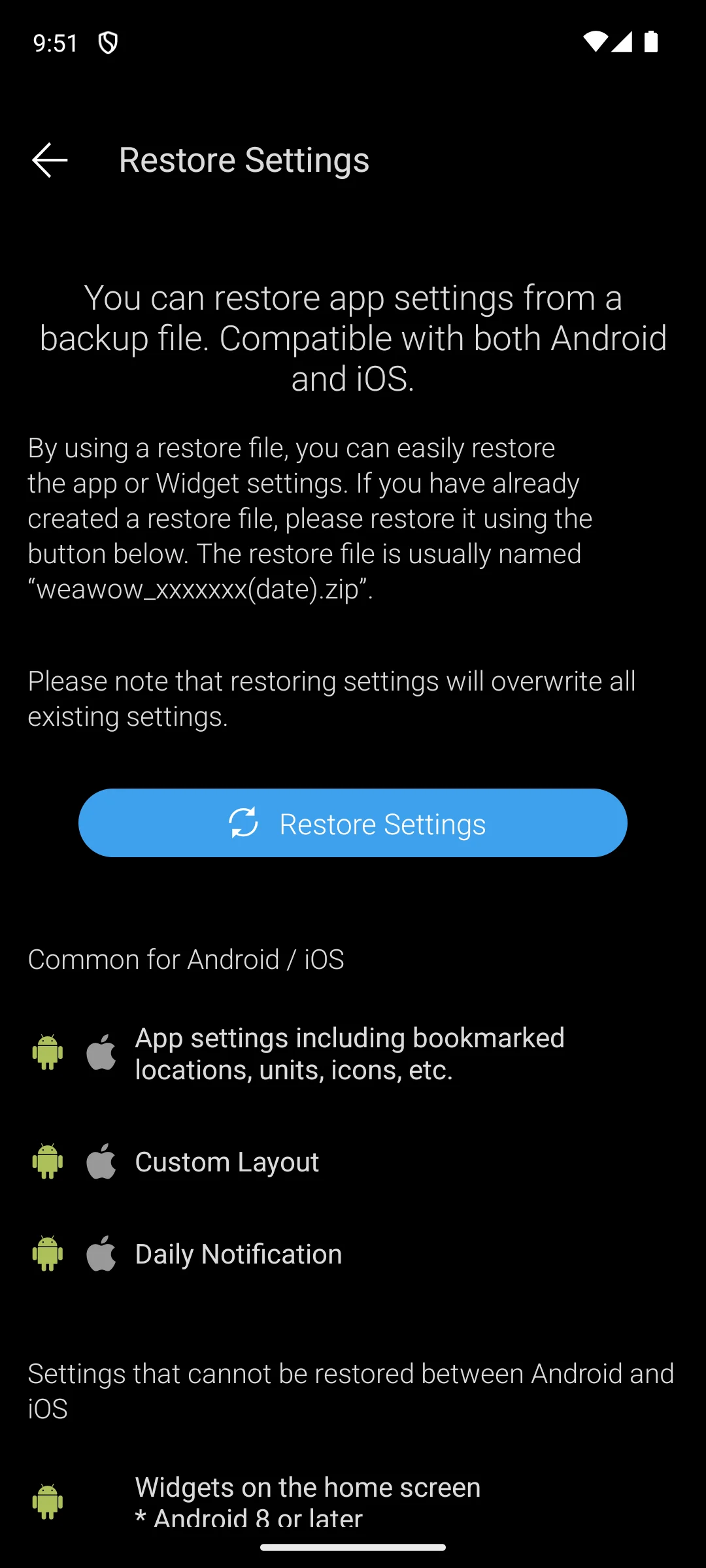 Weawow Restore Settings page, with the list of settings a backup file can and cannot carry across.