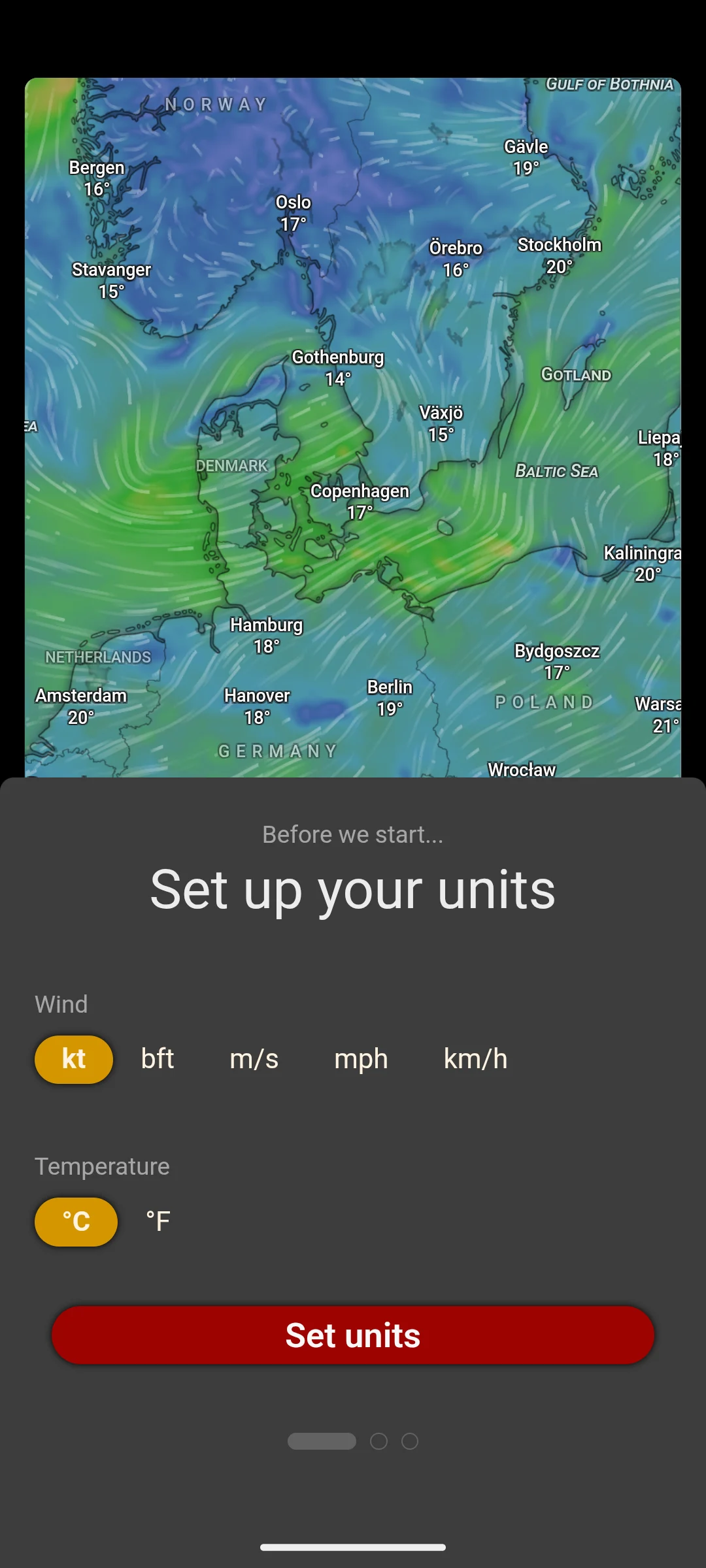 Windy.com on Android: a wind map over northern Europe with city temperatures, and a Set up your units sheet offering kt, bft, m/s, mph and km/h for wind and Celsius or Fahrenheit for temperature.